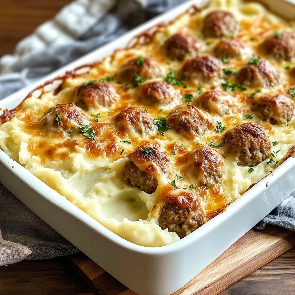 Delicious Meatball and Mash Potato Bake ready to serve in a baking dish.
