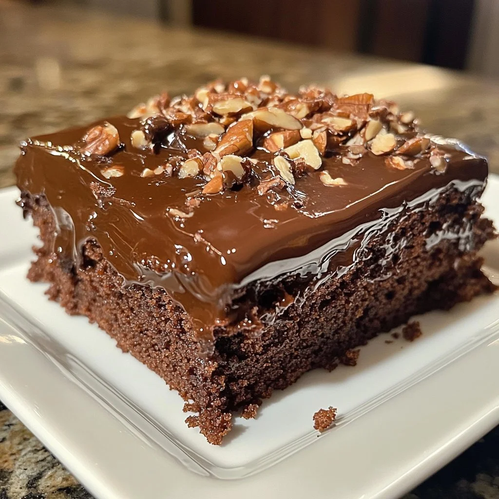 Deliciously rich Mississippi Mud Cake topped with chocolate frosting and marshmallows.