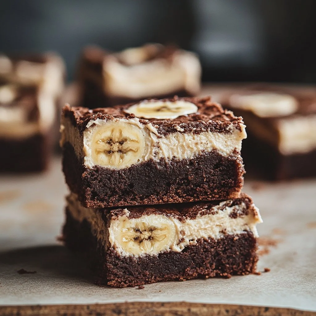 Moist banana bread brownies topped with chocolate glaze on a wooden table