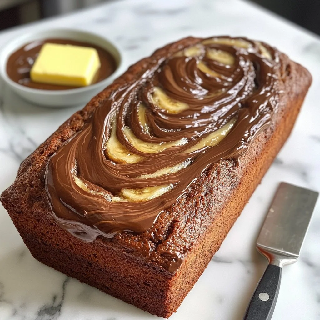 Homemade Nutella Banana Bread with chocolate swirls and sliced bananas