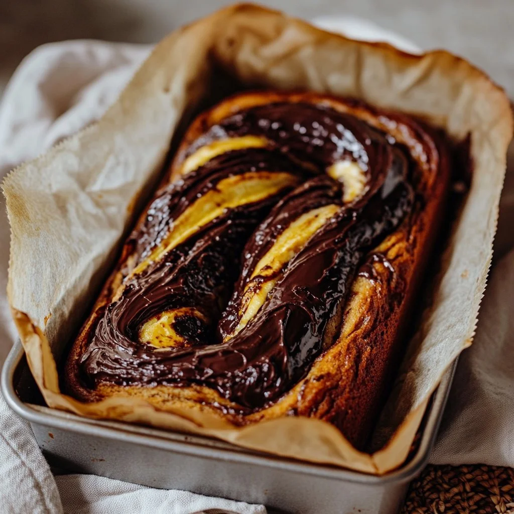 Delicious slice of Nutella Banana Bread topped with chocolate and bananas