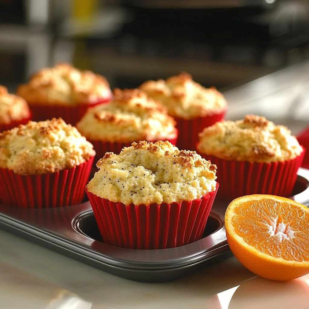 Freshly baked orange muffins topped with poppy seeds on a wooden table