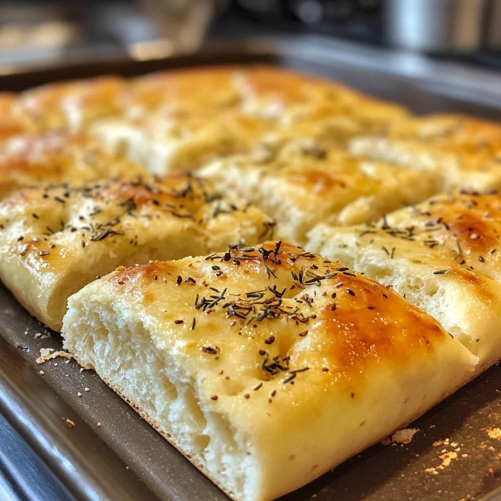 Delicious overnight focaccia bread topped with herbs and olive oil