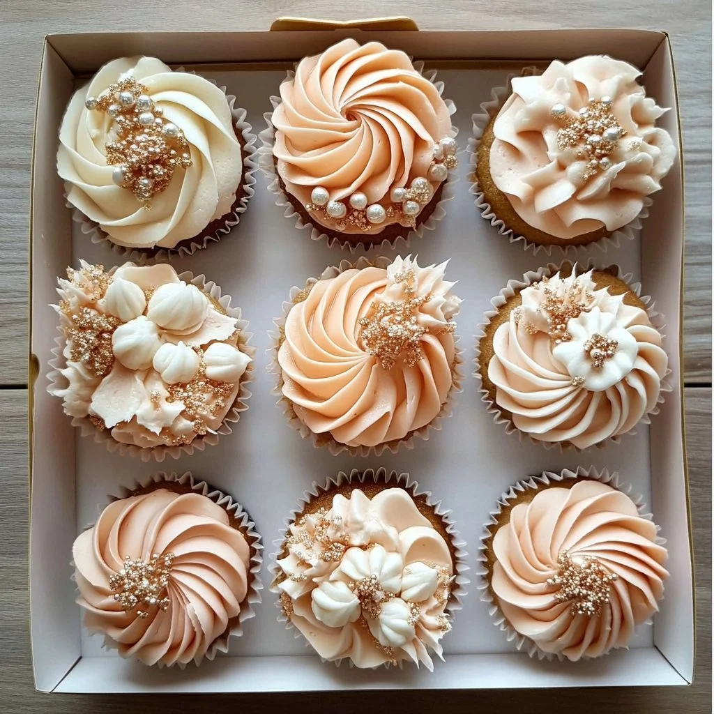 Delicious peach cupcakes topped with creamy frosting and fresh peach slices
