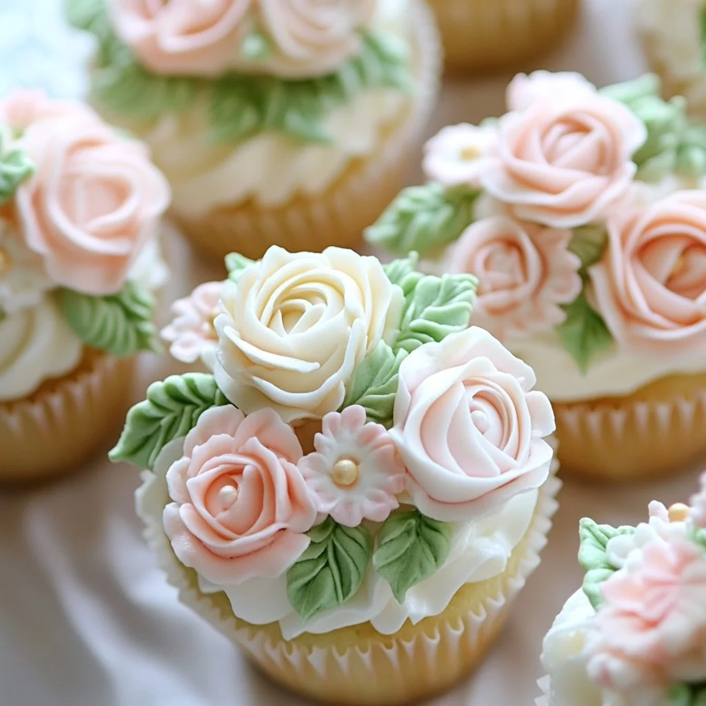 Peachy pink bridal shower cupcakes decorated with elegant frosting.