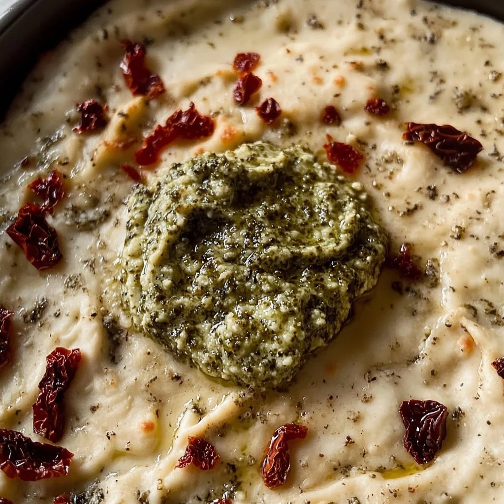 Freshly baked Pesto Sourdough Focaccia with vibrant green pesto topping.