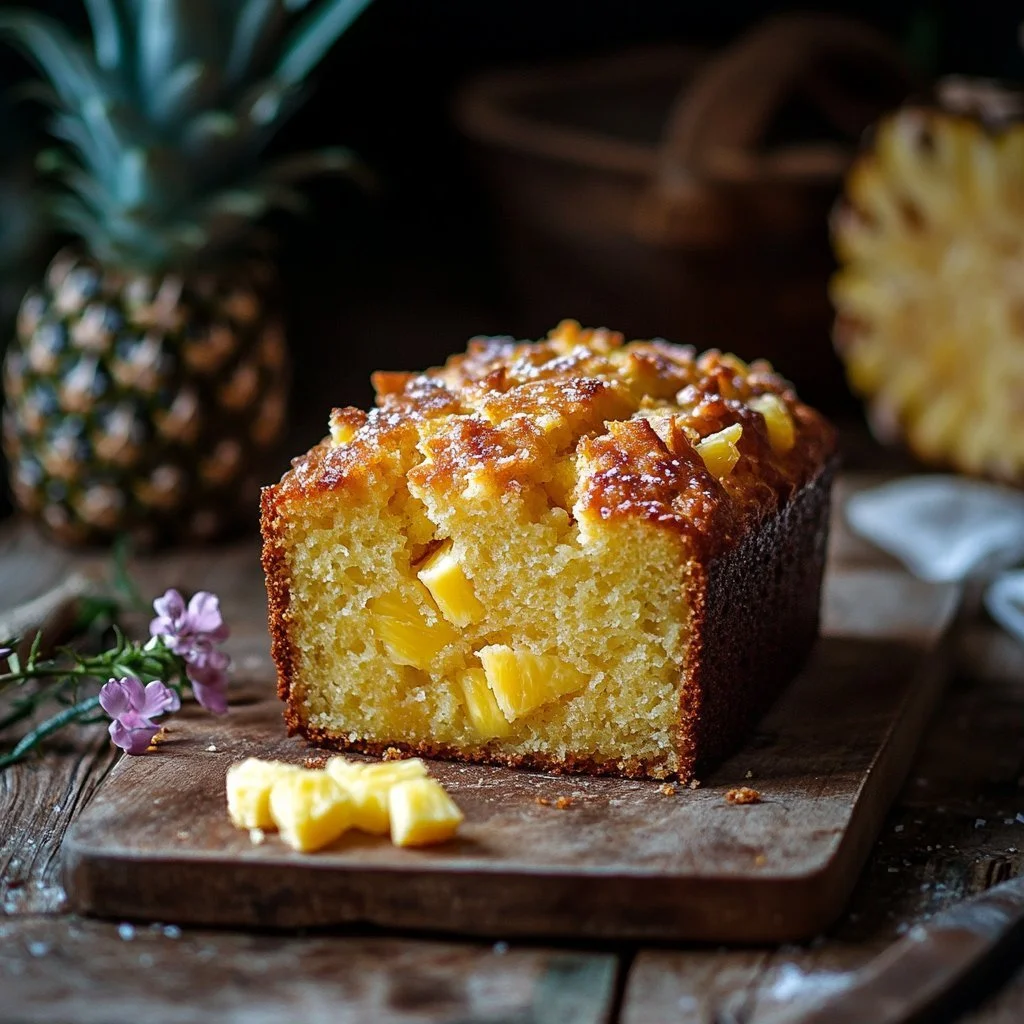 A slice of moist pineapple quick bread served with fresh pineapple chunks.