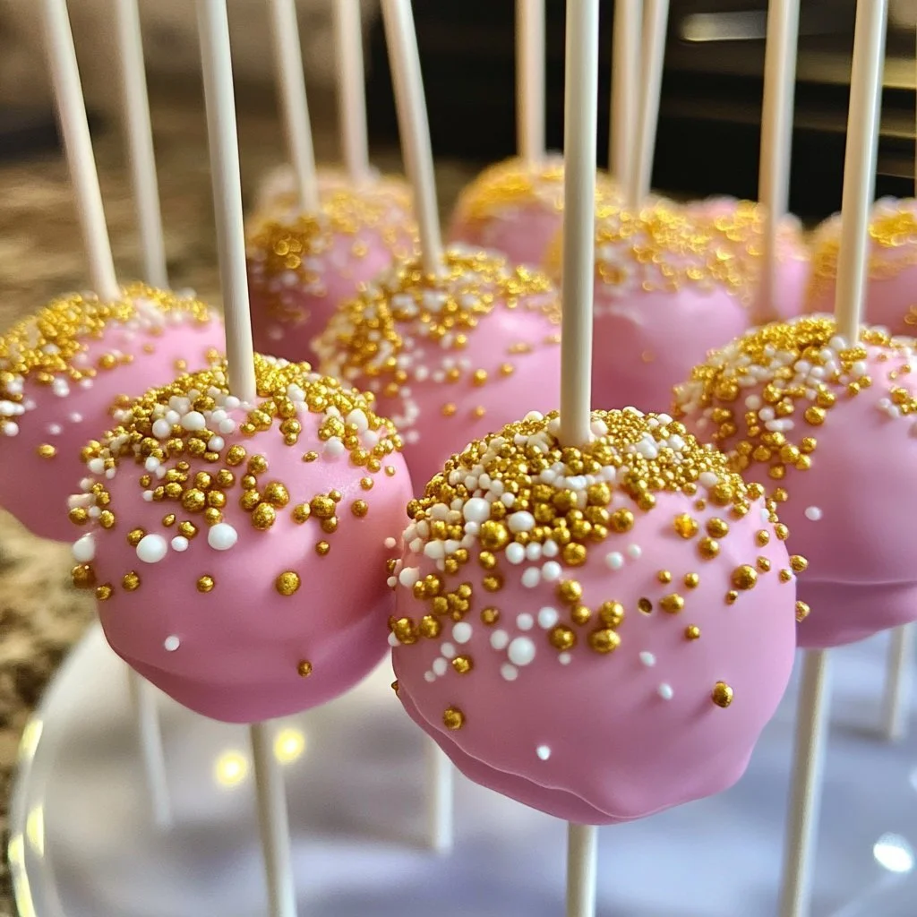 Pink and gold cake pops elegantly displayed for a party