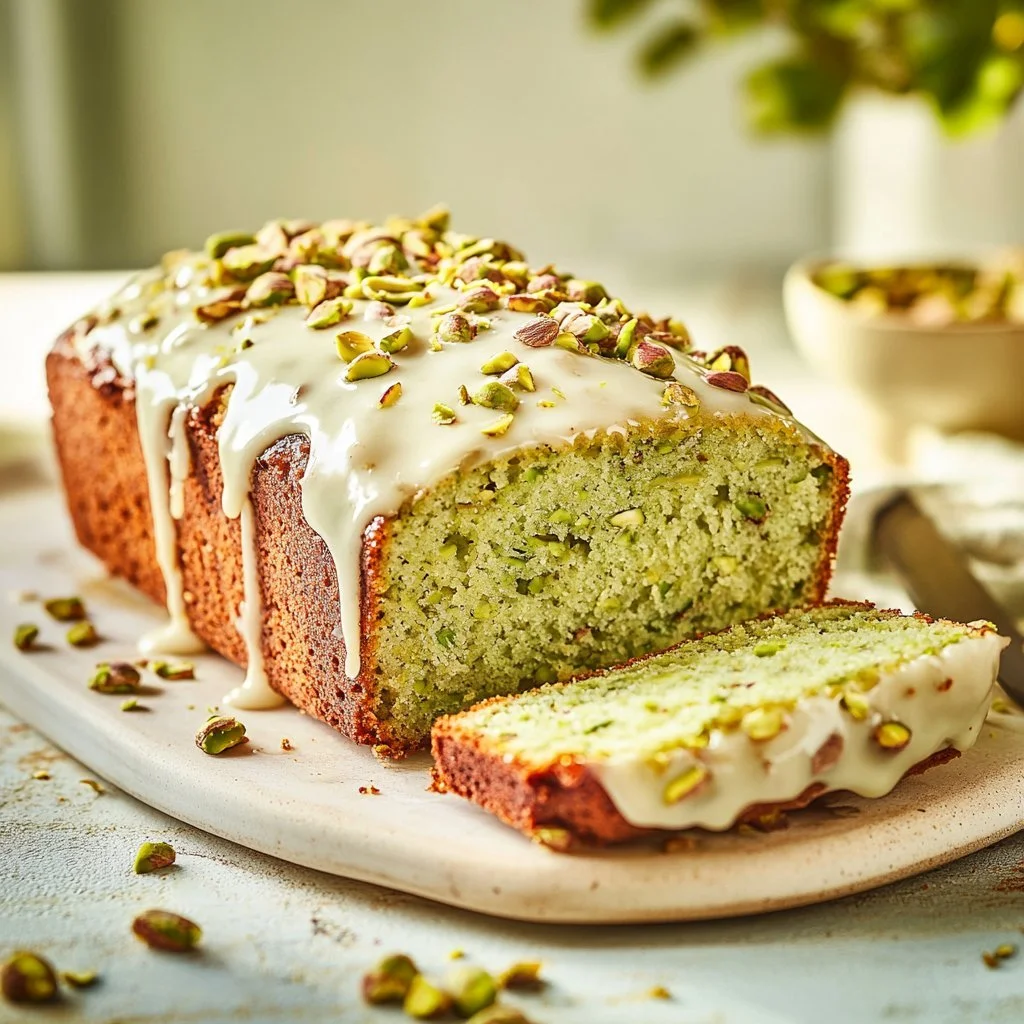 A slice of Pistachio Lemon Breakfast Loaf served on a plate with a lemon slice.