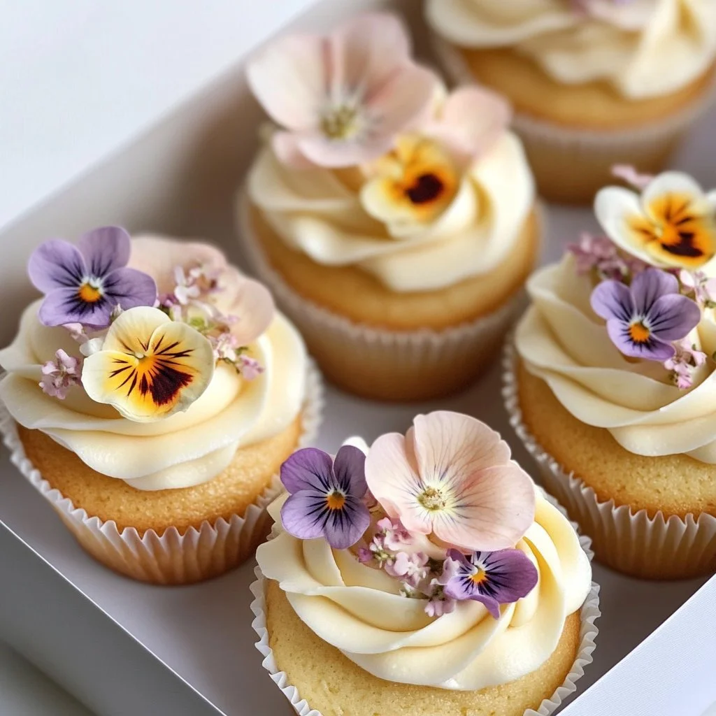 Beautifully decorated pressed flower cupcakes with vibrant edible flowers