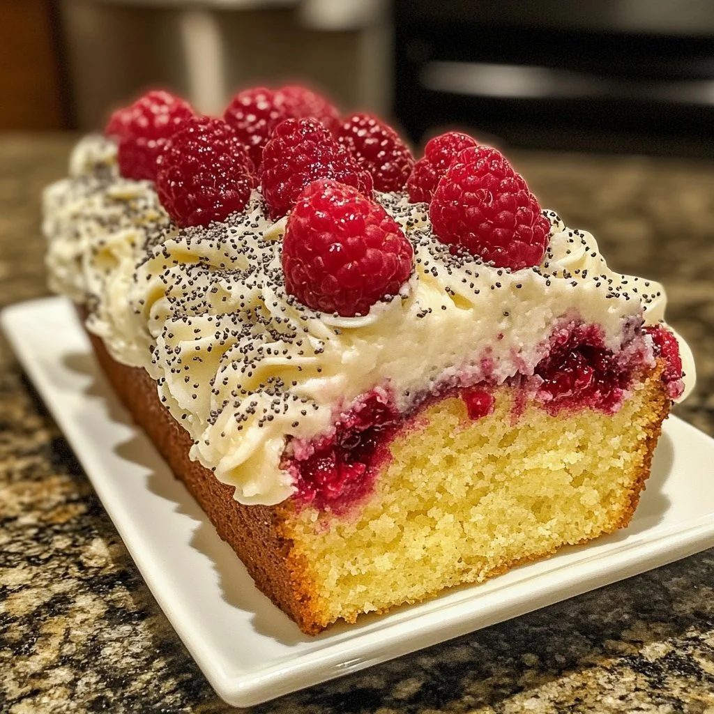 Sliced Raspberry Lemon Poppyseed Loaf Cake on a white plate