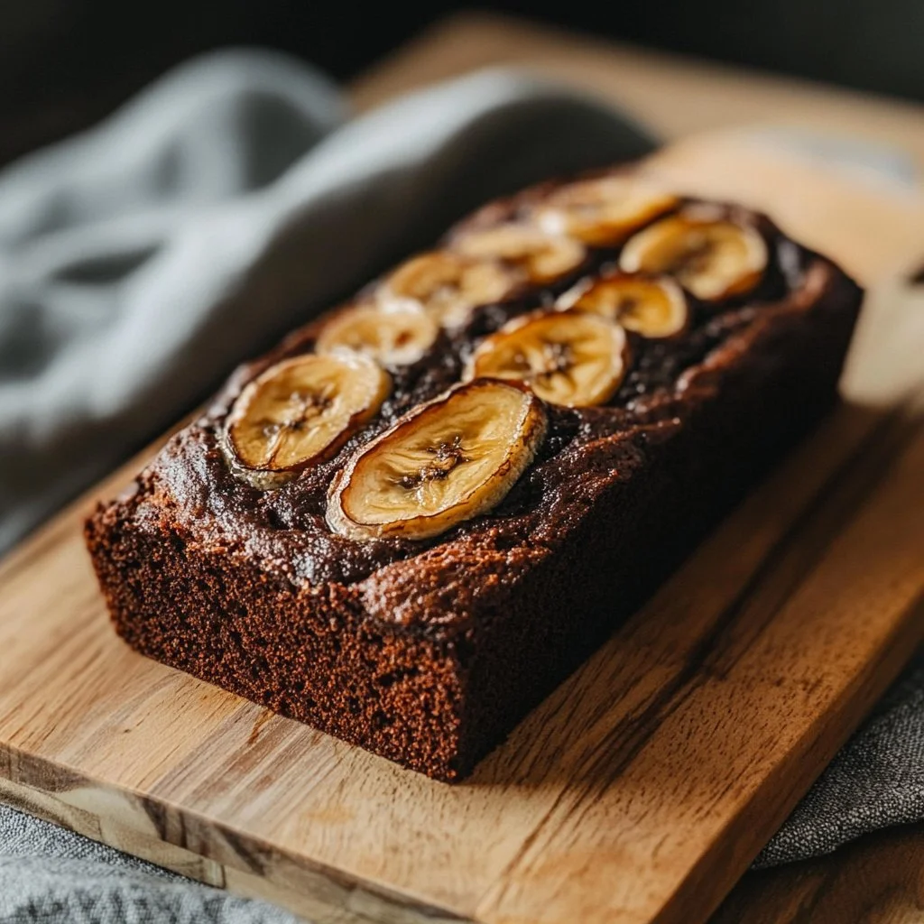 Freshly baked rich chocolate banana bread with chocolate chips and bananas