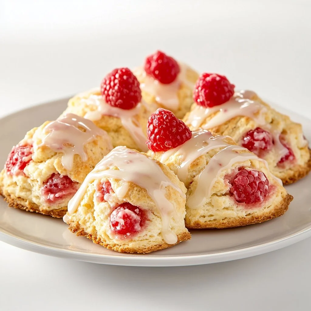 Freshly baked lemon raspberry scones on a plate