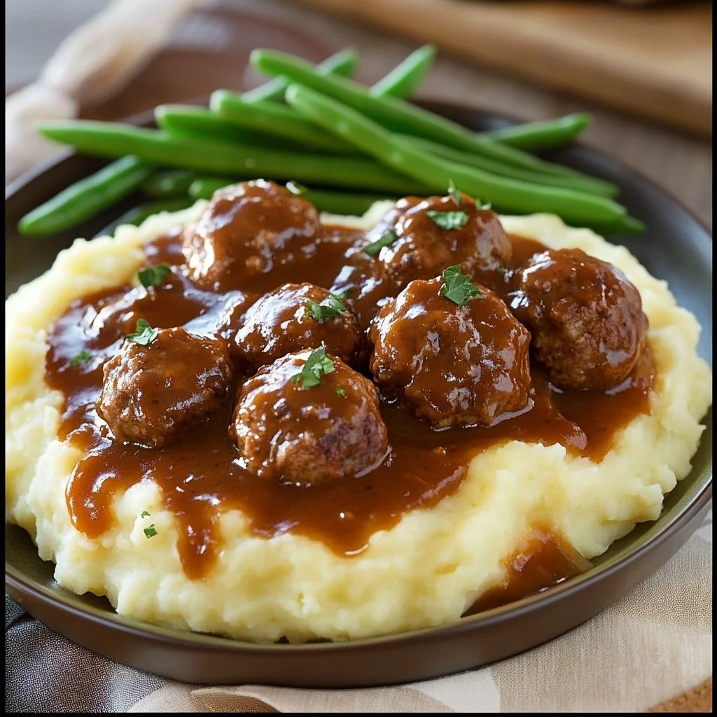 Plate of Salisbury meatballs served with mashed potatoes and gravy
