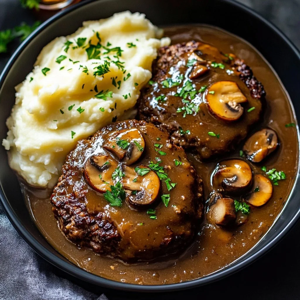 Delicious homemade Salisbury Steak served with rich gravy and mashed potatoes.