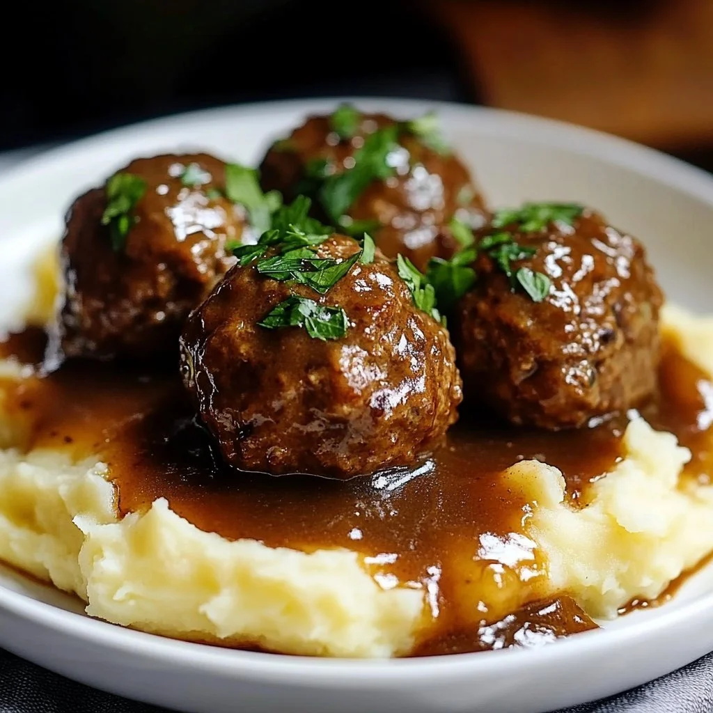 Salisbury steak meatballs served with gravy and mashed potatoes