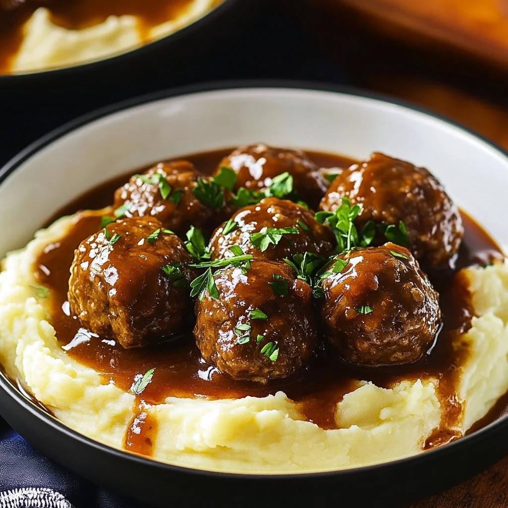 Delicious Salisbury steak meatballs served on a plate with gravy and vegetables.