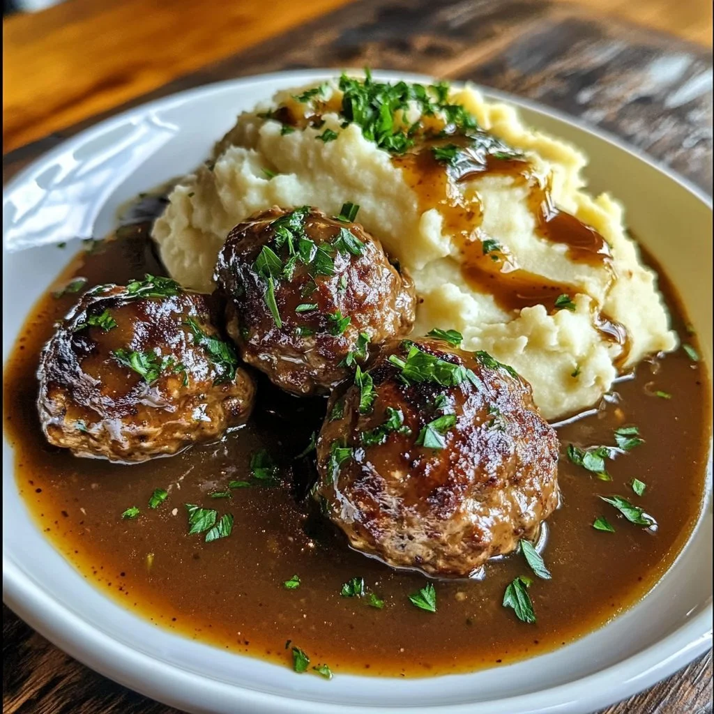 Salisbury steak meatballs on a plate with garlic herb mashed potatoes