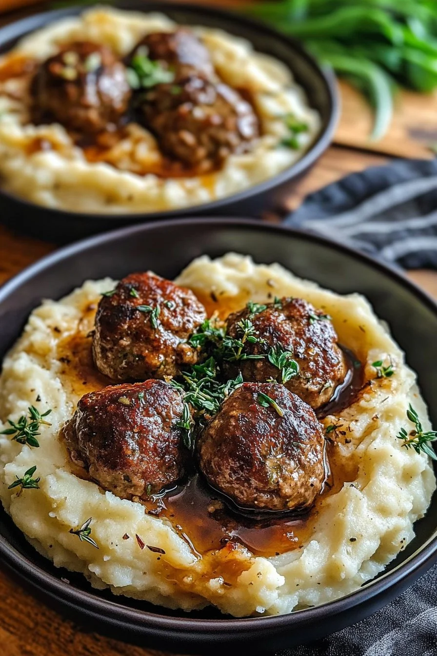 Salisbury Steak Meatballs with Garlic Herb Mashed Potatoes
