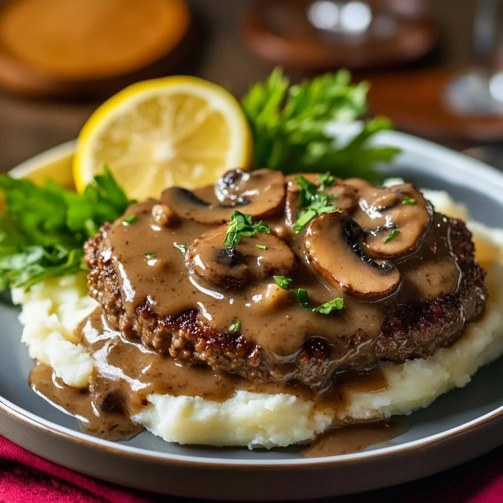 Delicious homemade Salisbury steak served with gravy and vegetables