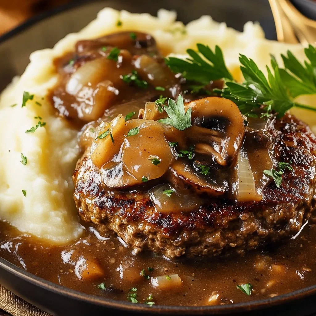 Delicious Salisbury steak served with creamy mushroom gravy on a plate