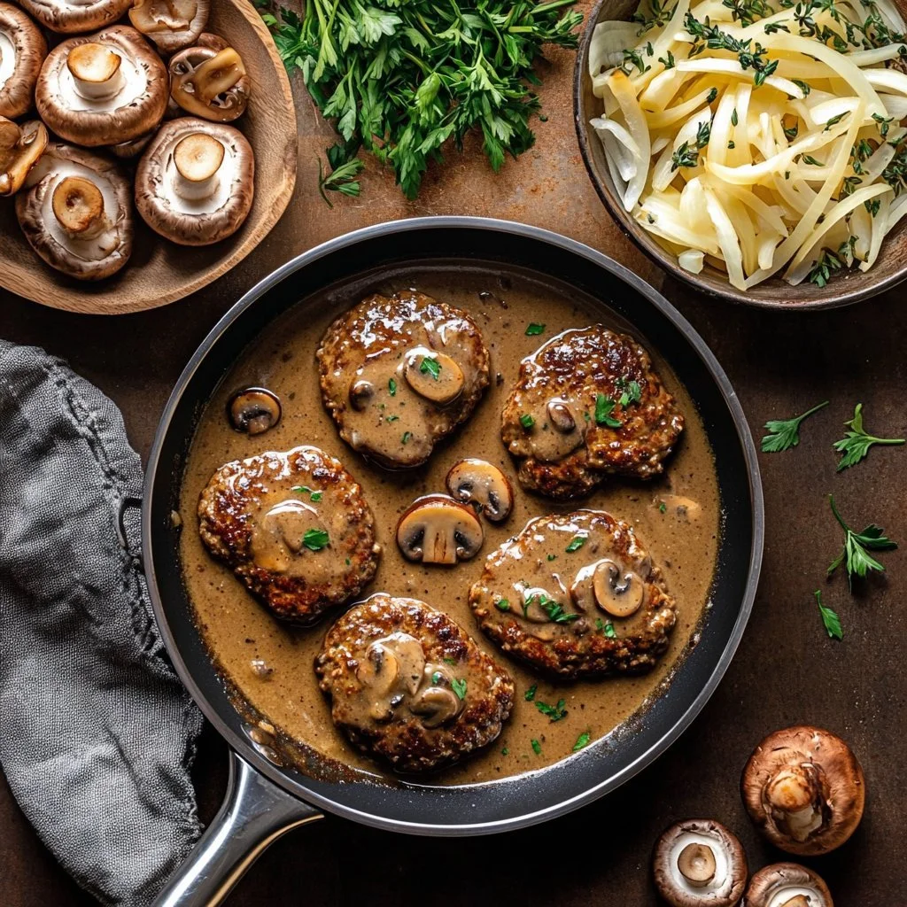 Salisbury steak served with rich mushroom gravy on a plate