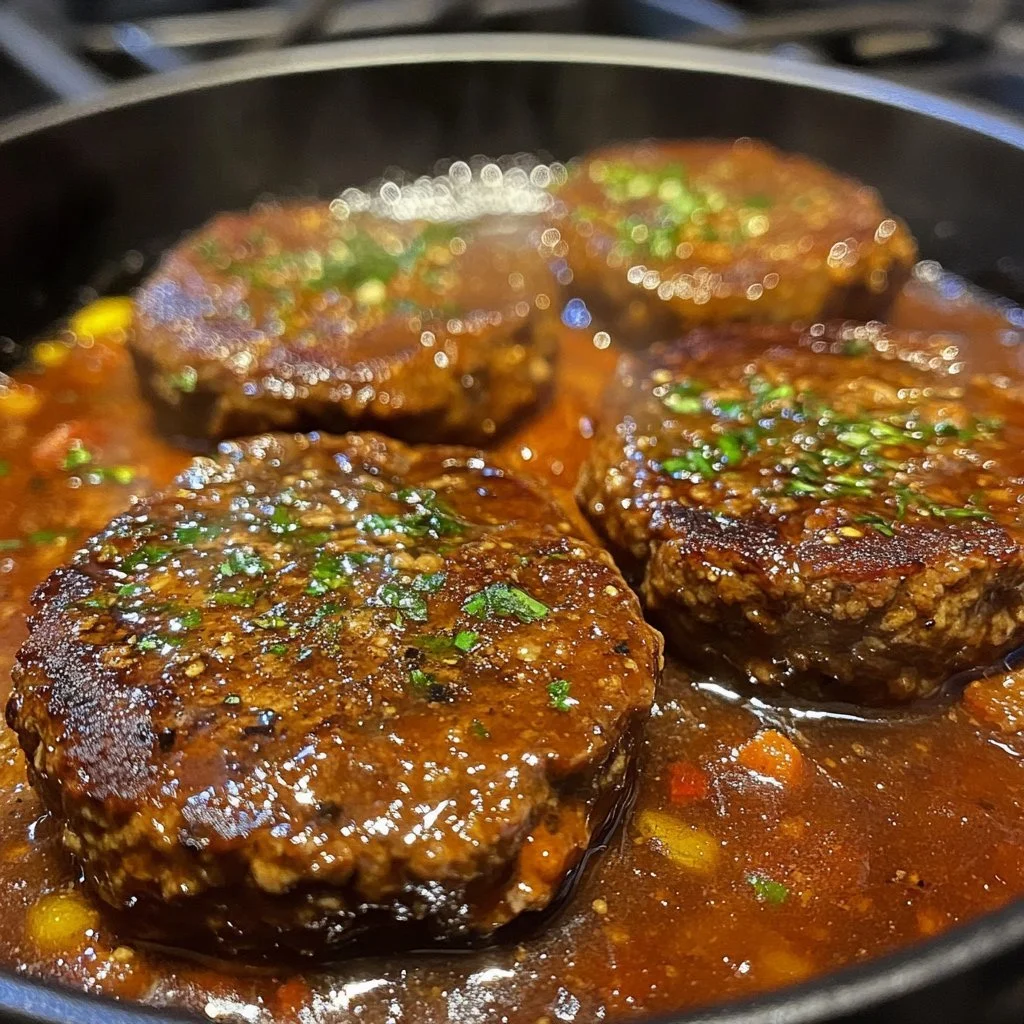 Homemade Salisbury Steaks served with gravy and mashed potatoes