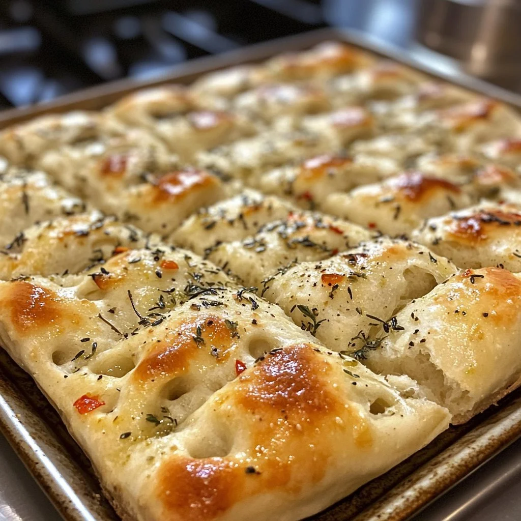 Freshly baked same day focaccia bread with herbs and olive oil