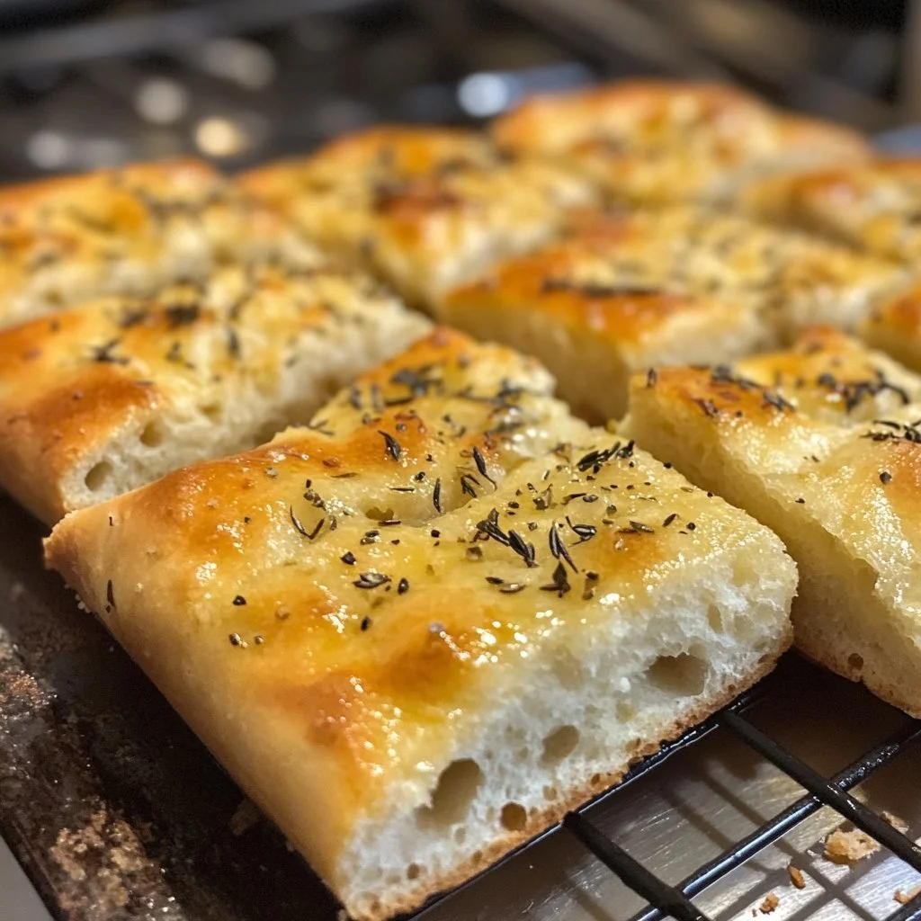 Freshly baked same day sourdough focaccia bread topped with herbs and olive oil