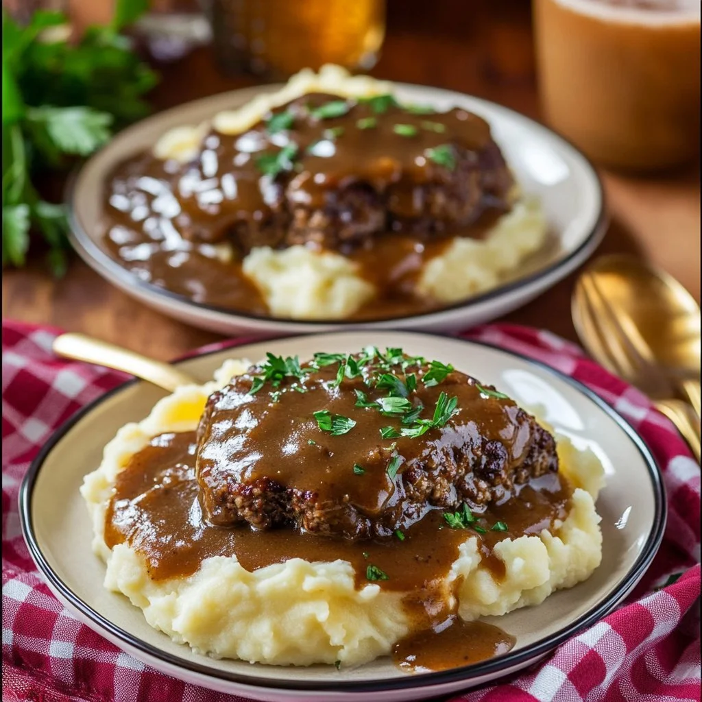 Savory Slow Cooker Salisbury Steaks served with creamy mashed potatoes