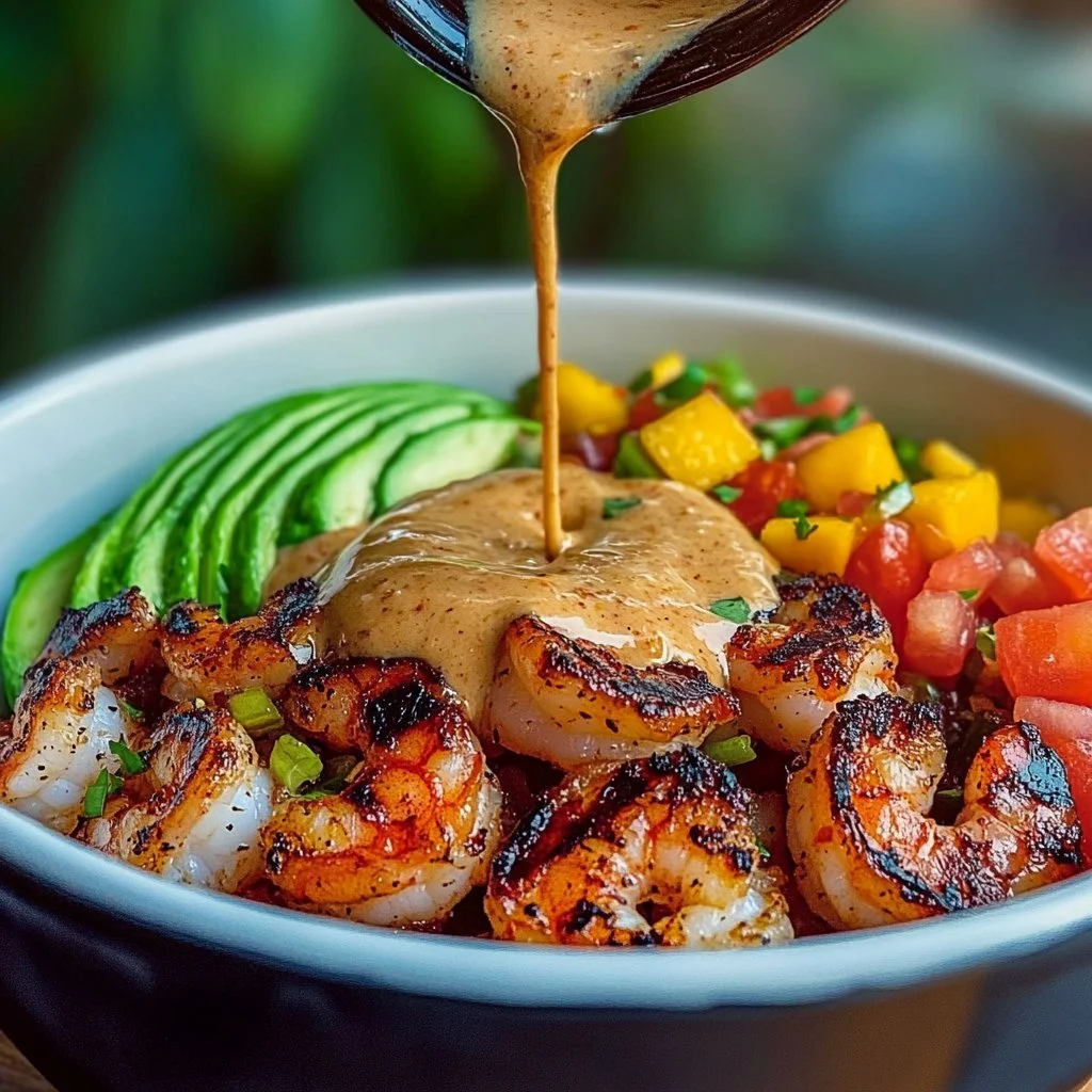 Shrimp avocado bowl with mango salsa and spicy lime-chilli sauce