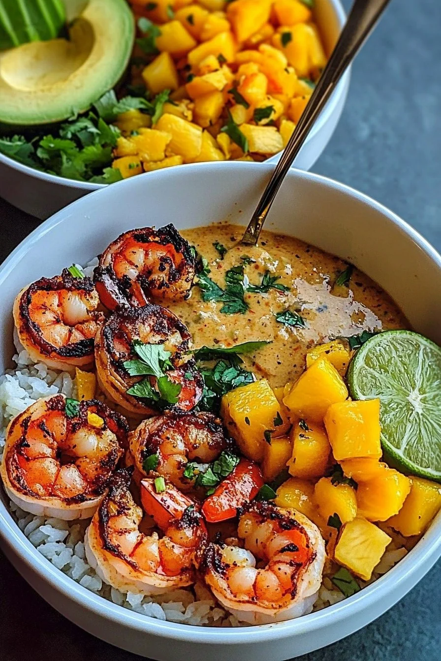 Shrimp and Avocado Bowls with Mango Salsa and Lime-Chilli Sauce