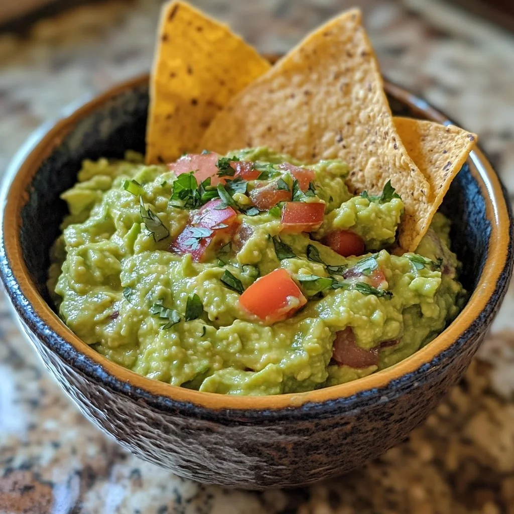 Bowl of simple guacamole made with fresh avocados and spices