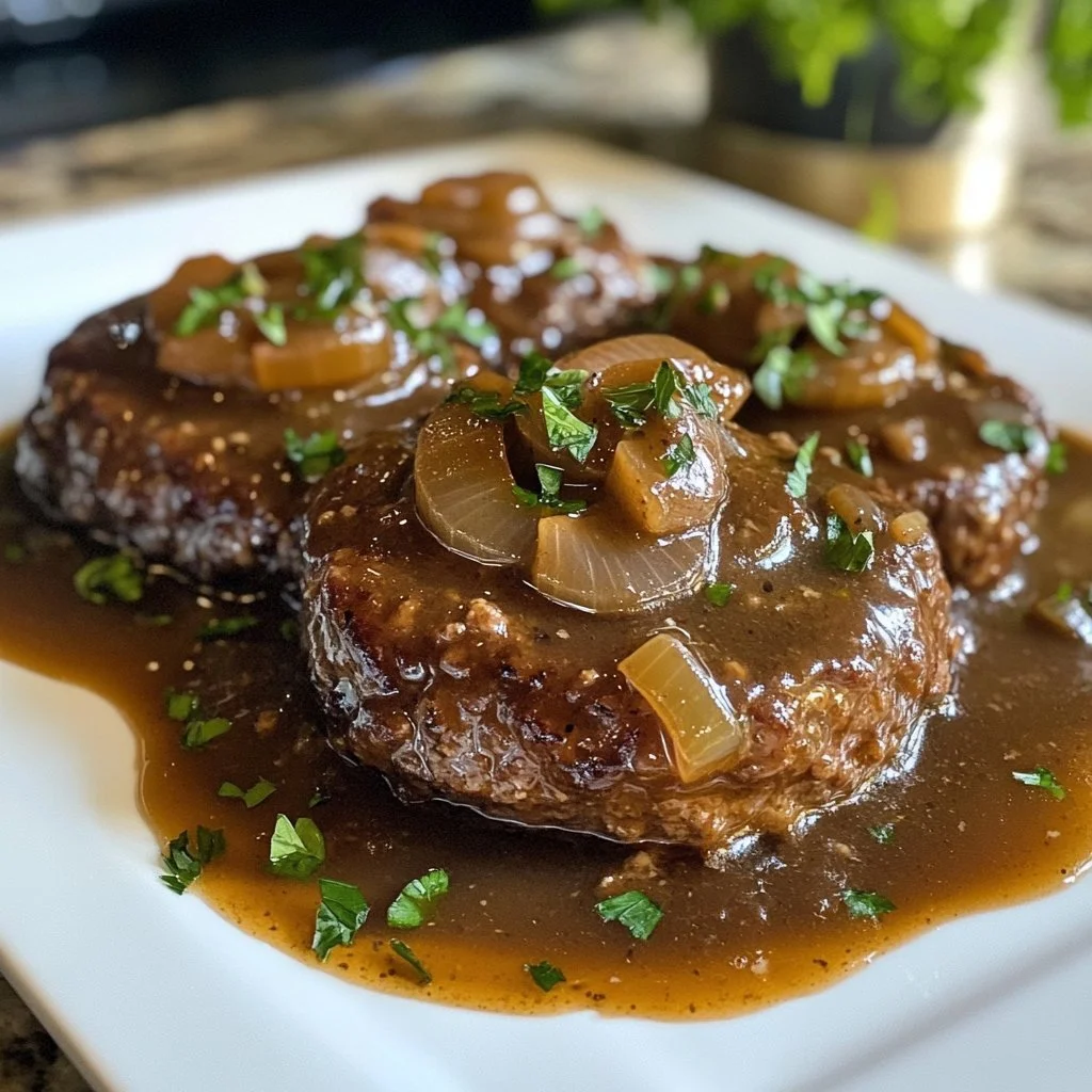 Delicious Slow Cooker Salisbury Steak served with mashed potatoes
