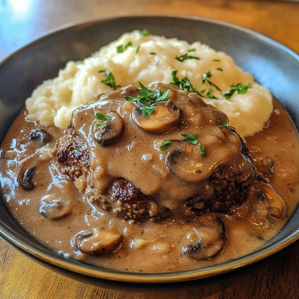 Slow cooker Salisbury steak served with rich mushroom gravy
