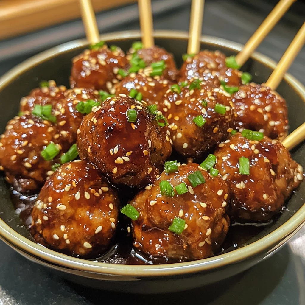 Slow Cooker teriyaki meatballs served on a plate with vegetables