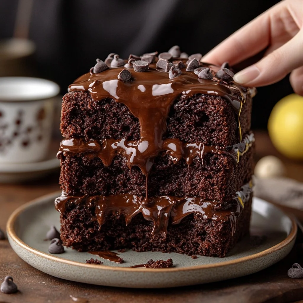Sour cream chocolate loaf cake fresh from the oven on a wooden table