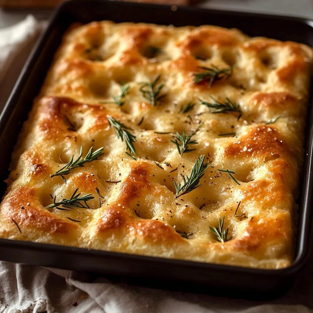 Freshly baked sourdough focaccia with herbs and olive oil