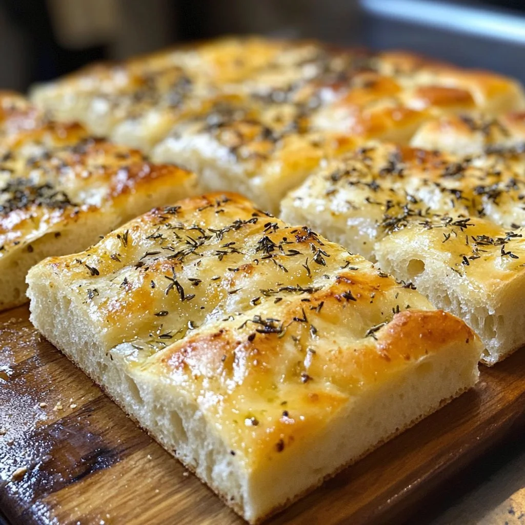 Freshly baked sourdough focaccia loaf on a wooden board