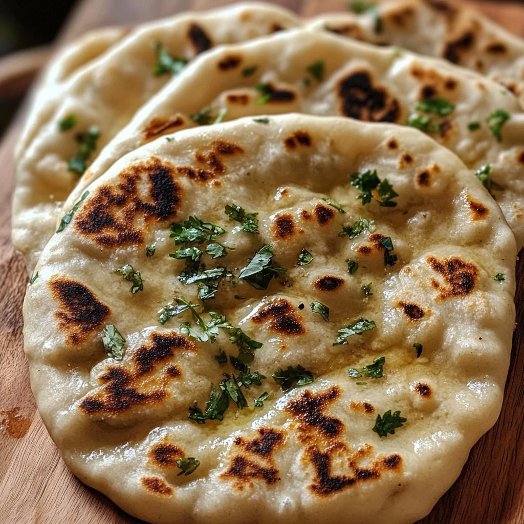 Freshly made sourdough naan on a wooden board