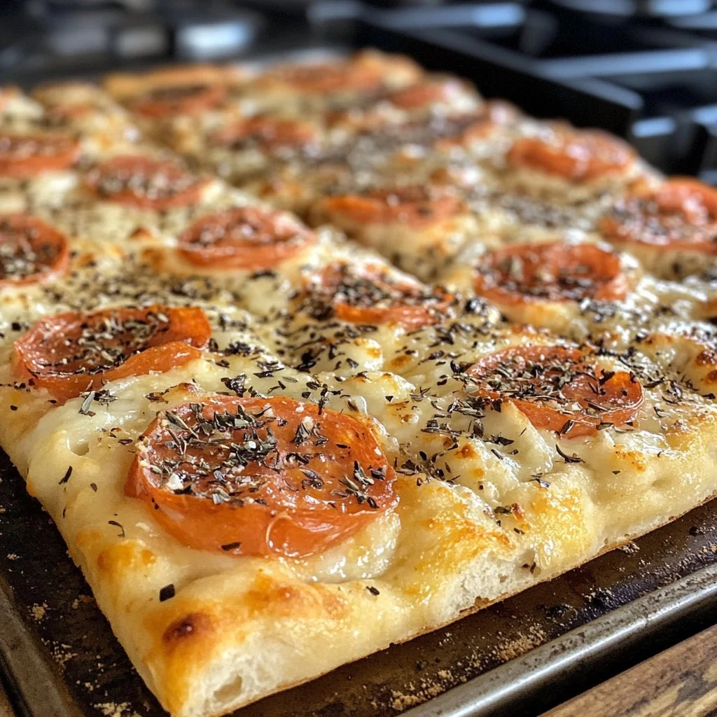 Delicious Sourdough Focaccia Pizza with fresh toppings and golden crust.