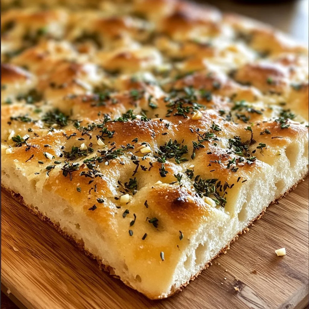 Delicious sourdough focaccia with garlic and herbs, freshly baked and ready to enjoy