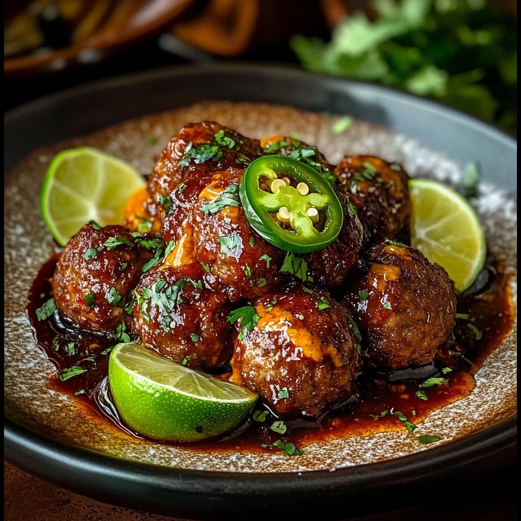 Delicious Spicy Mexican Donkey Balls served on a plate with garnish.