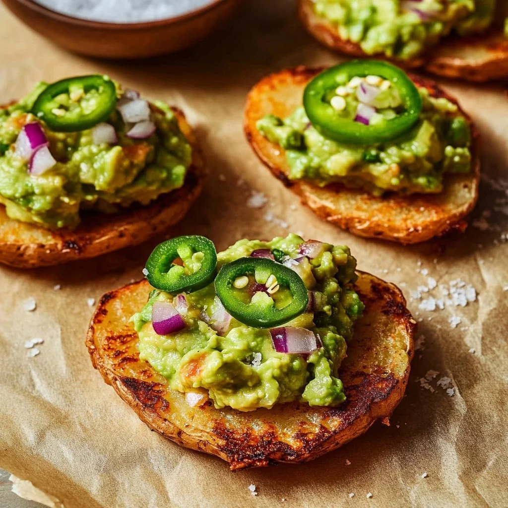 Spicy Smashed Avocado Hash Brown Toasts garnished with herbs and spices