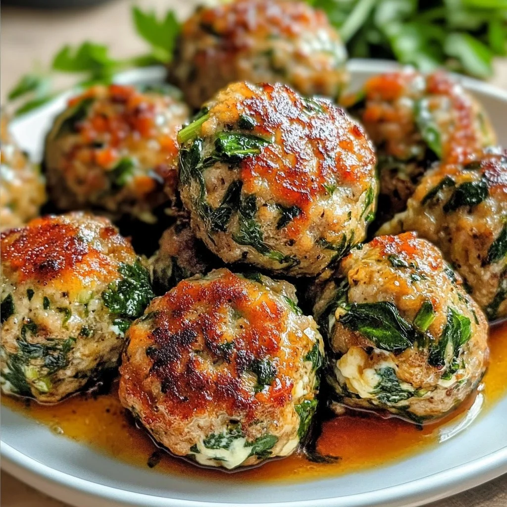 Bowl of spinach garlic meatballs served with tomato sauce