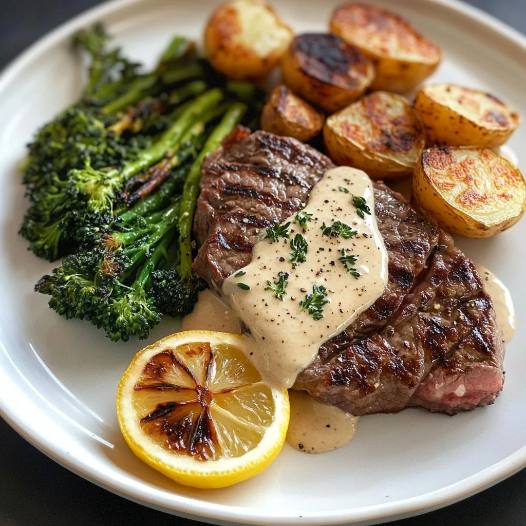 Delicious steak and potatoes served with creamy roasted garlic sauce