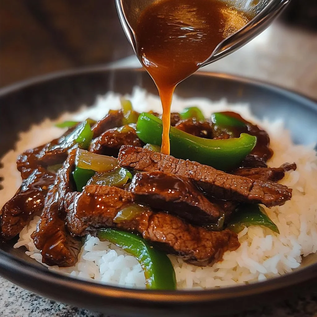 Delicious Steak & Peppers dish served on a plate with vibrant vegetables.