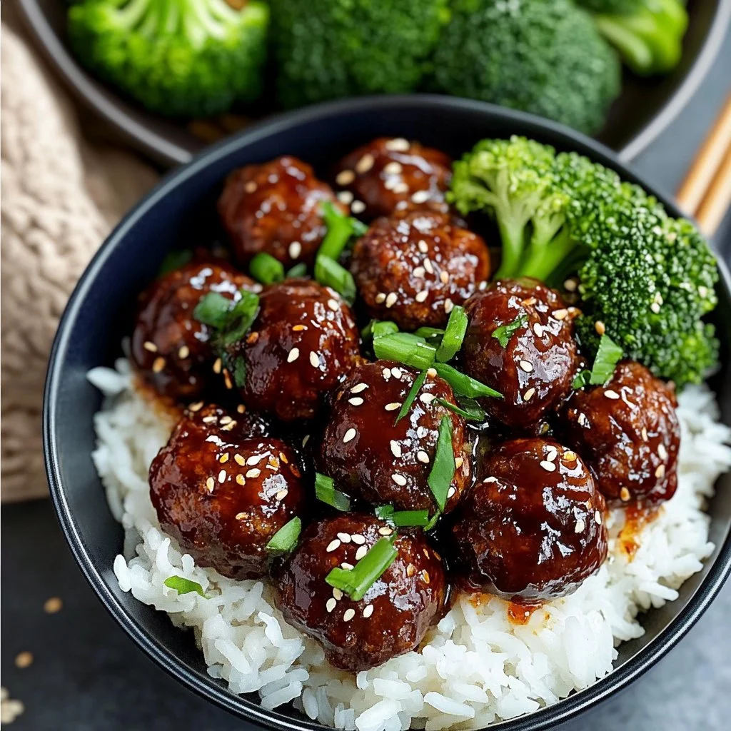 Sticky Mongolian Beef Meatballs served in a bowl with garnishes