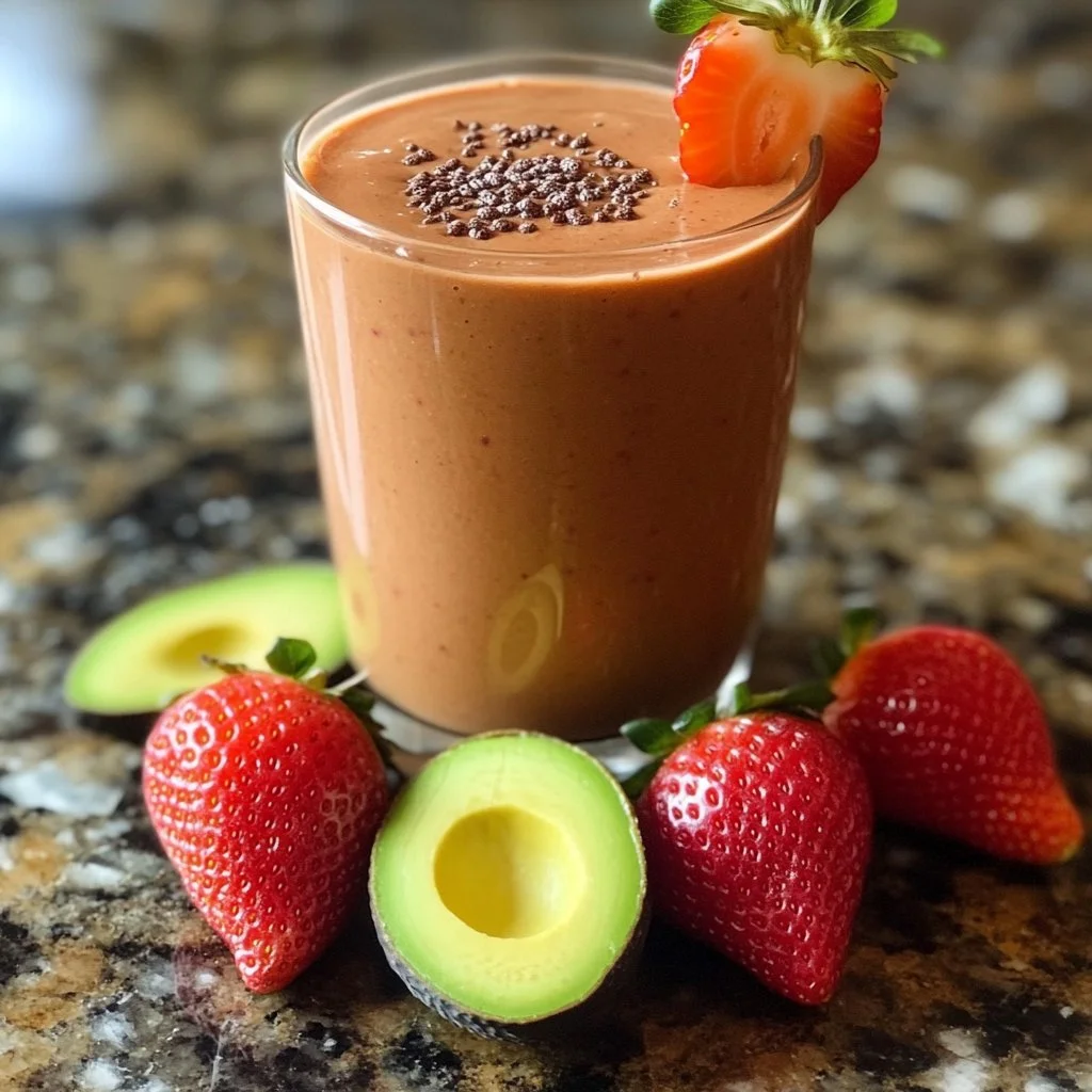 Delicious strawberry avocado smoothie in a glass garnished with fresh strawberries.