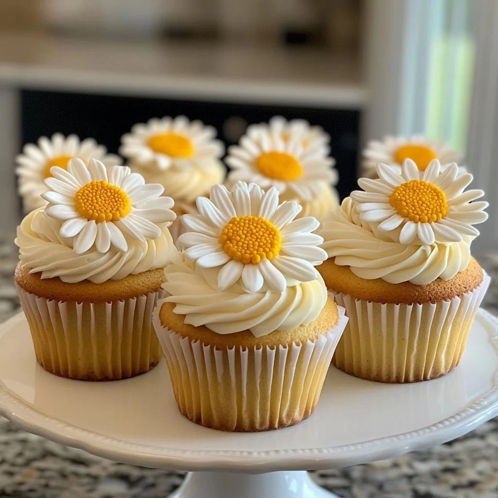 Super cute daisy cupcakes decorated with daisies and pastel frosting for spring